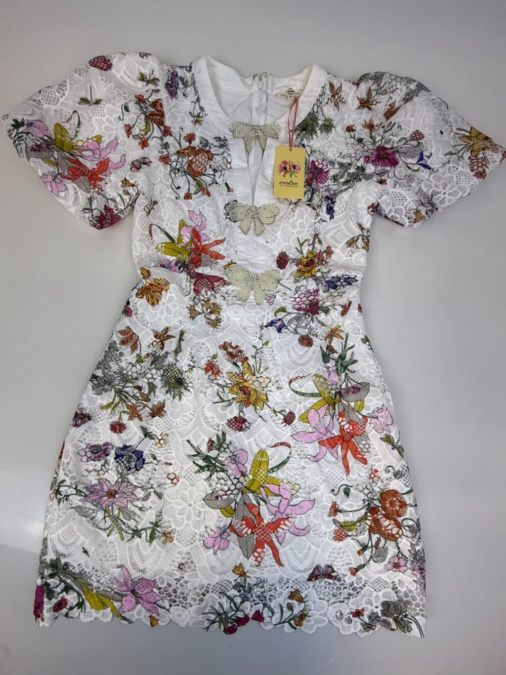 Entro White/Multi Rhinestone Butterfly Bow Floral Lace Mini Dress OJ-47